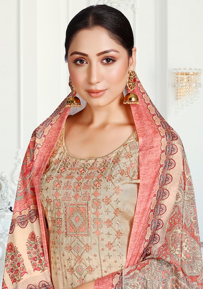 Beige Embroidered Muslin Salwar Kameez - Indya