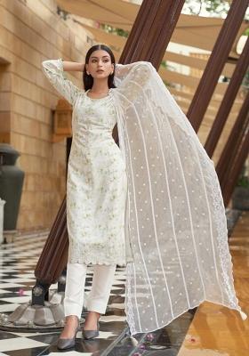 Off White Embroidered Silk Blend Salwar Kameez