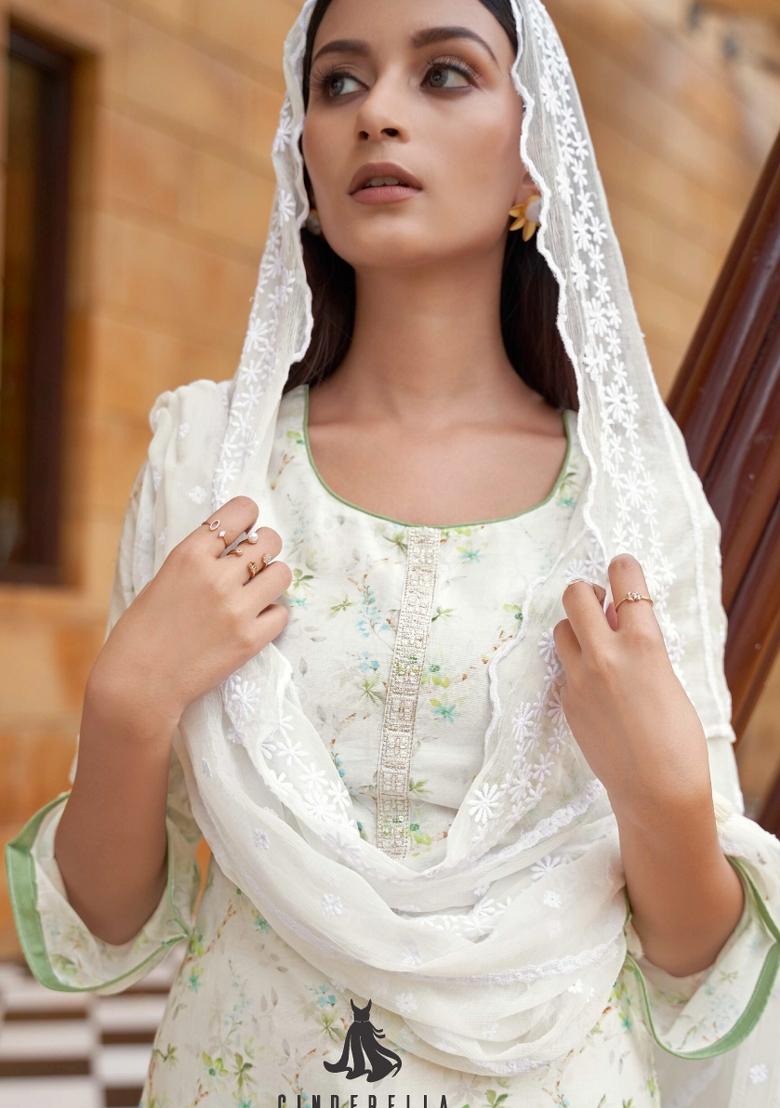 Off White Embroidered Silk Blend Salwar Kameez - Indya