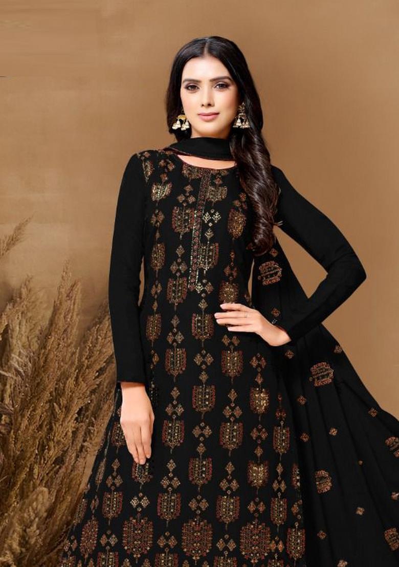 Black Embroidered Silk Blend Salwar Kameez - Indya