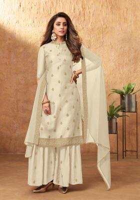 Off White Embroidered Silk Blend Salwar Kameez
