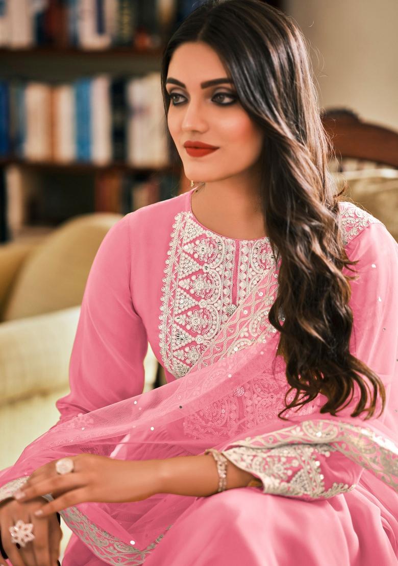 Pink Embroidered Georgette Salwar Kameez - Indya