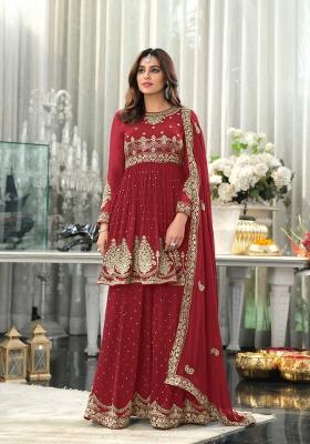Red Embroidered Georgette Salwar Kameez