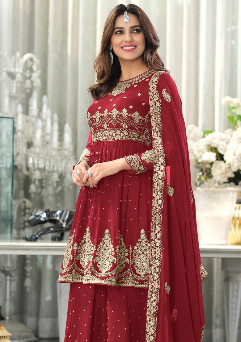 Red Embroidered Georgette Salwar Kameez - Indya