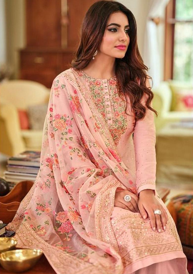Pink Embroidered Silk Blend Salwar Kameez - Indya