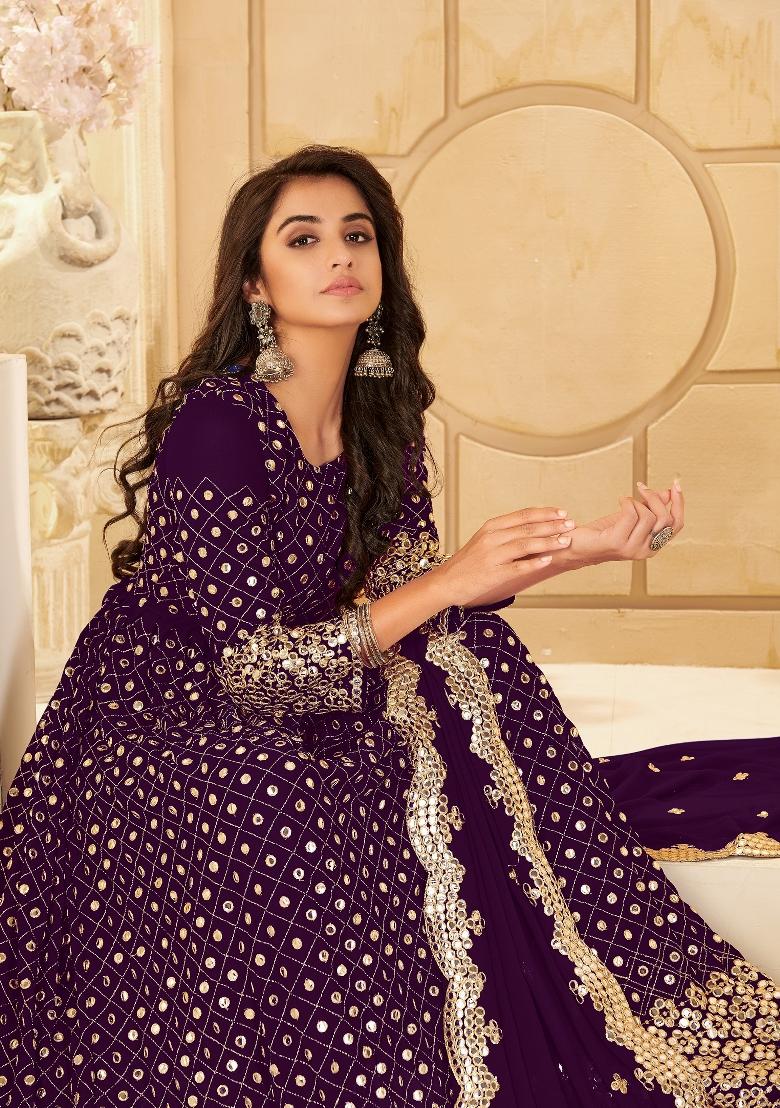 Purple Embroidered Georgette Salwar Kameez - Indya