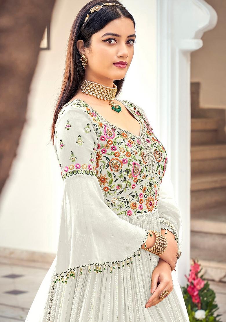 Off White Embroidered Georgette Salwar Kameez - Indya