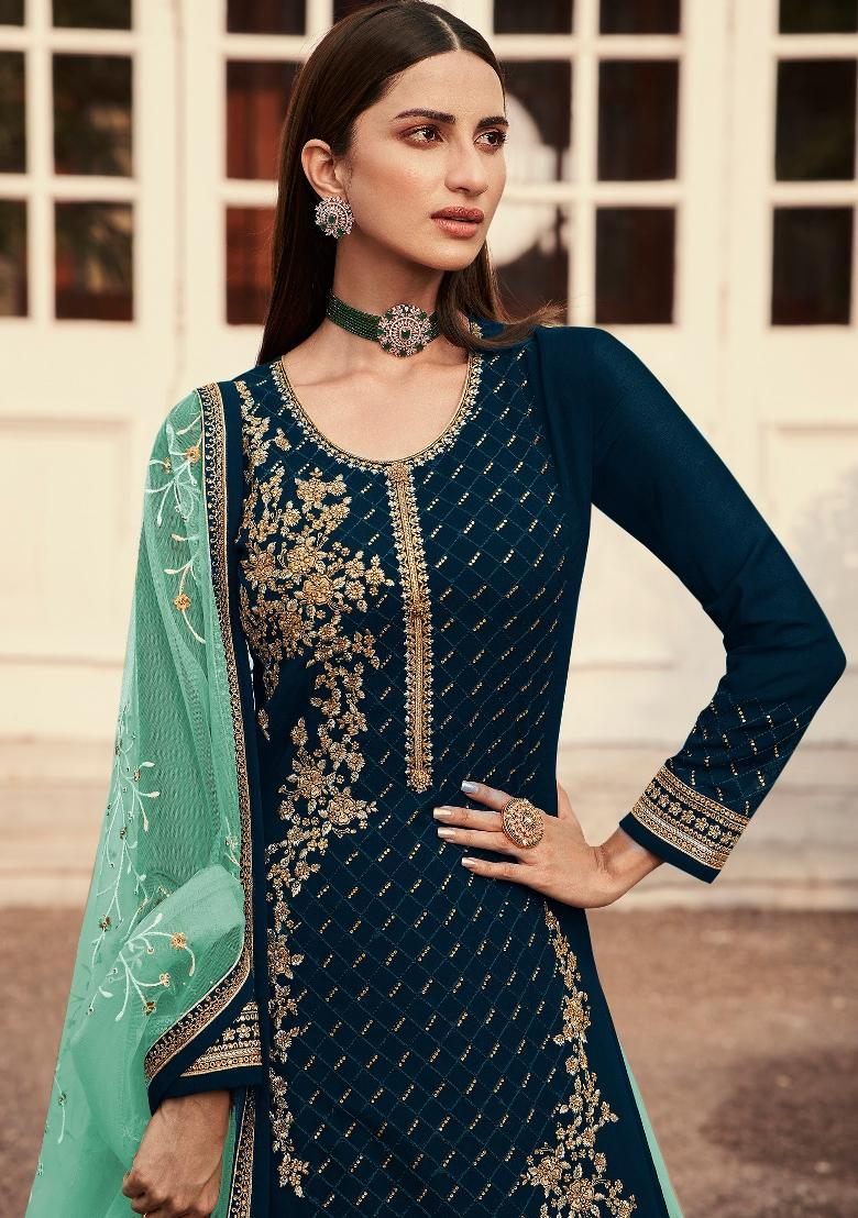 Green Embroidered Georgette Salwar Kameez - Indya