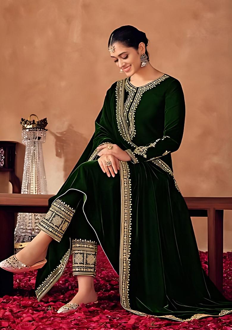 Green Embroidered Velvet Salwar Kameez - Indya