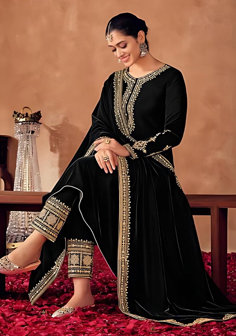 Black Embroidered Velvet Salwar Kameez - Indya