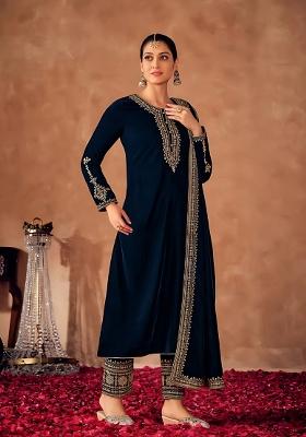 Blue Embroidered Velvet Salwar Kameez