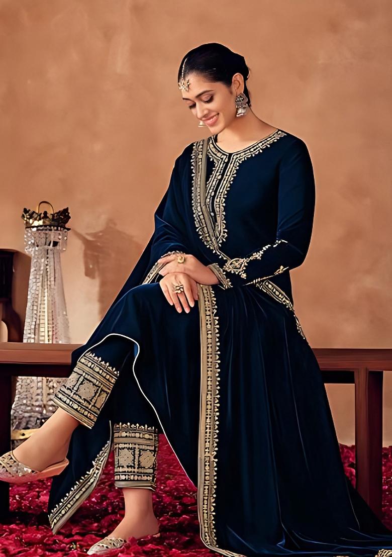 Blue Embroidered Velvet Salwar Kameez - Indya
