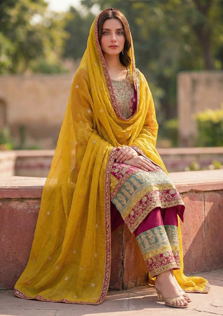 Rani Pink Sequin Work Silk Blend Kurta Set - Indya
