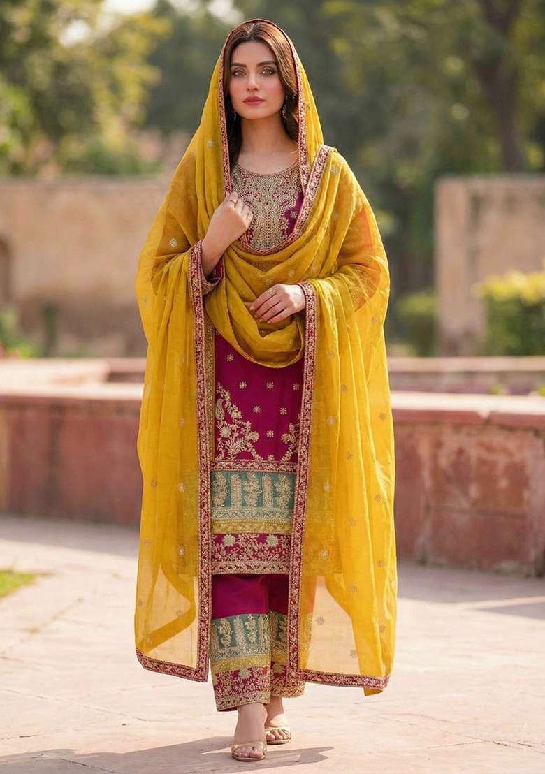 Rani Pink Sequin Work Silk Blend Kurta Set - Indya