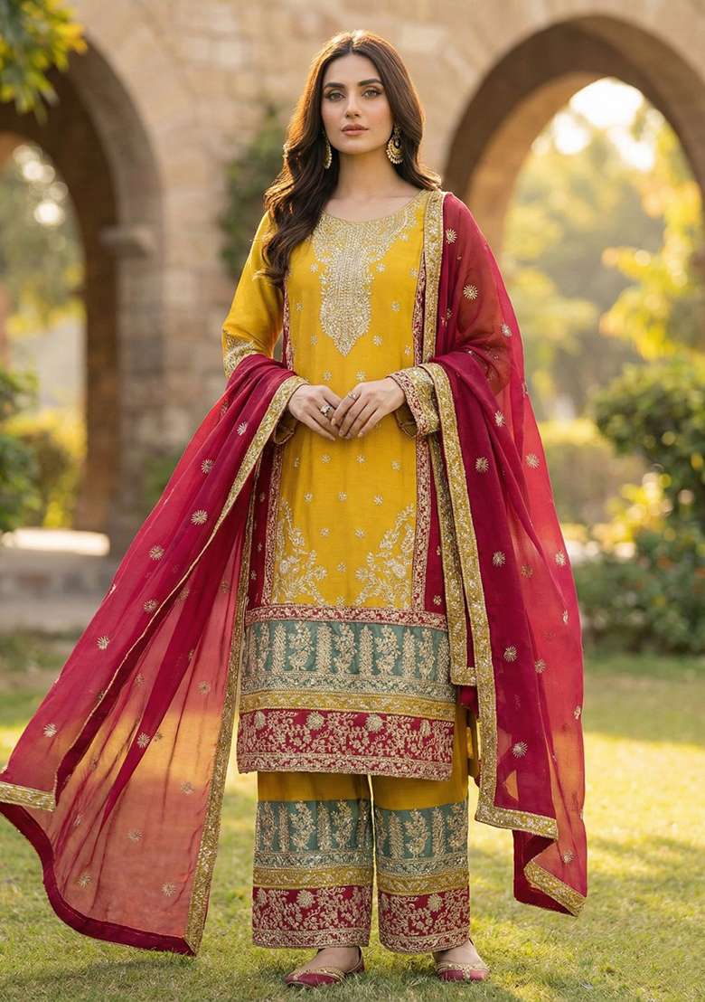 Yellow Sequin Work Silk Blend Kurta Set - Indya