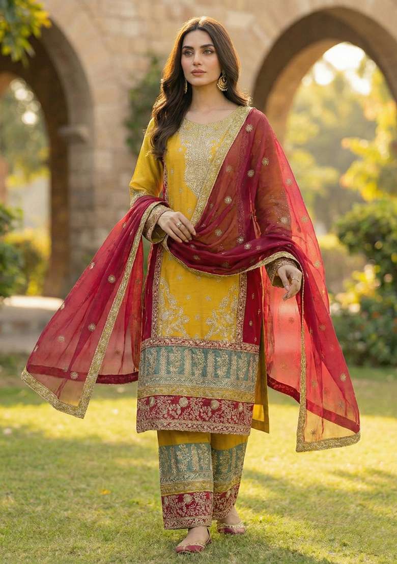 Yellow Sequin Work Silk Blend Kurta Set - Indya