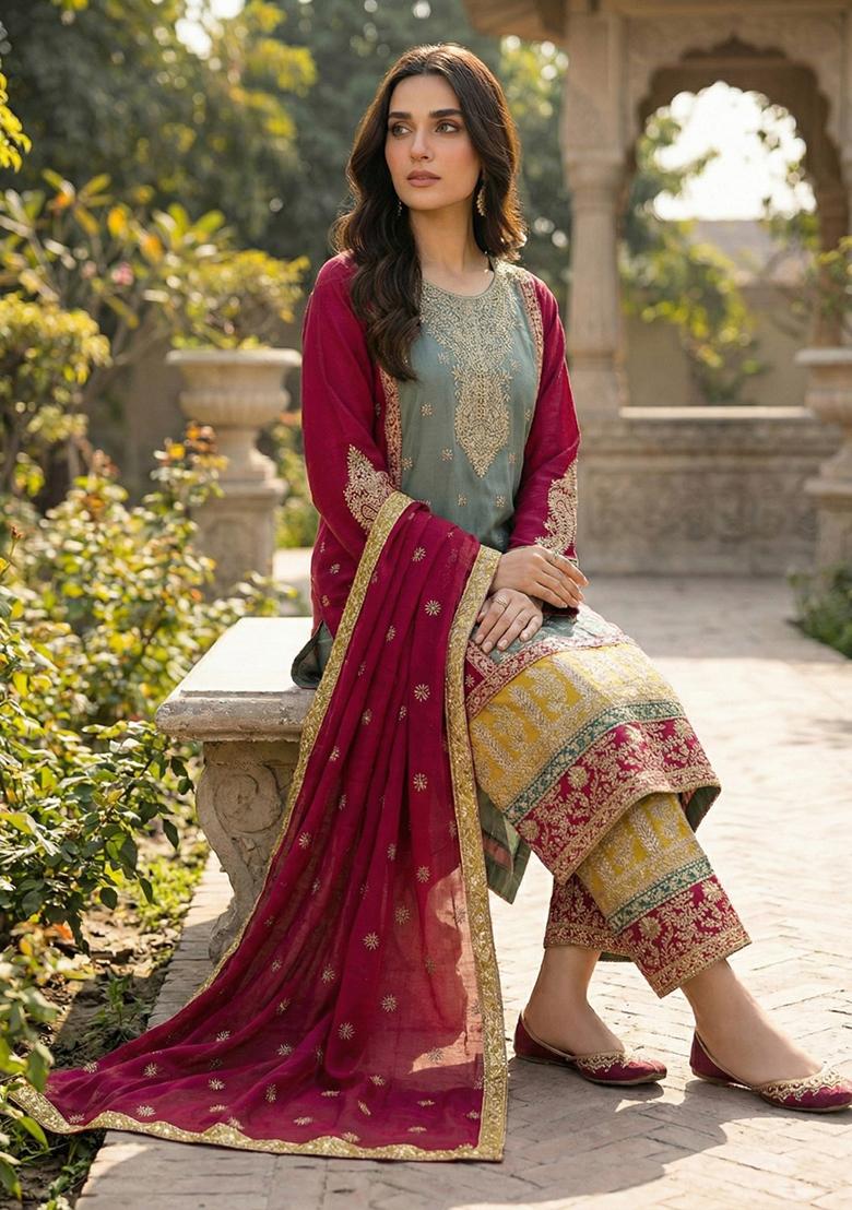 Blue Sequin Work Silk Blend Kurta Set - Indya