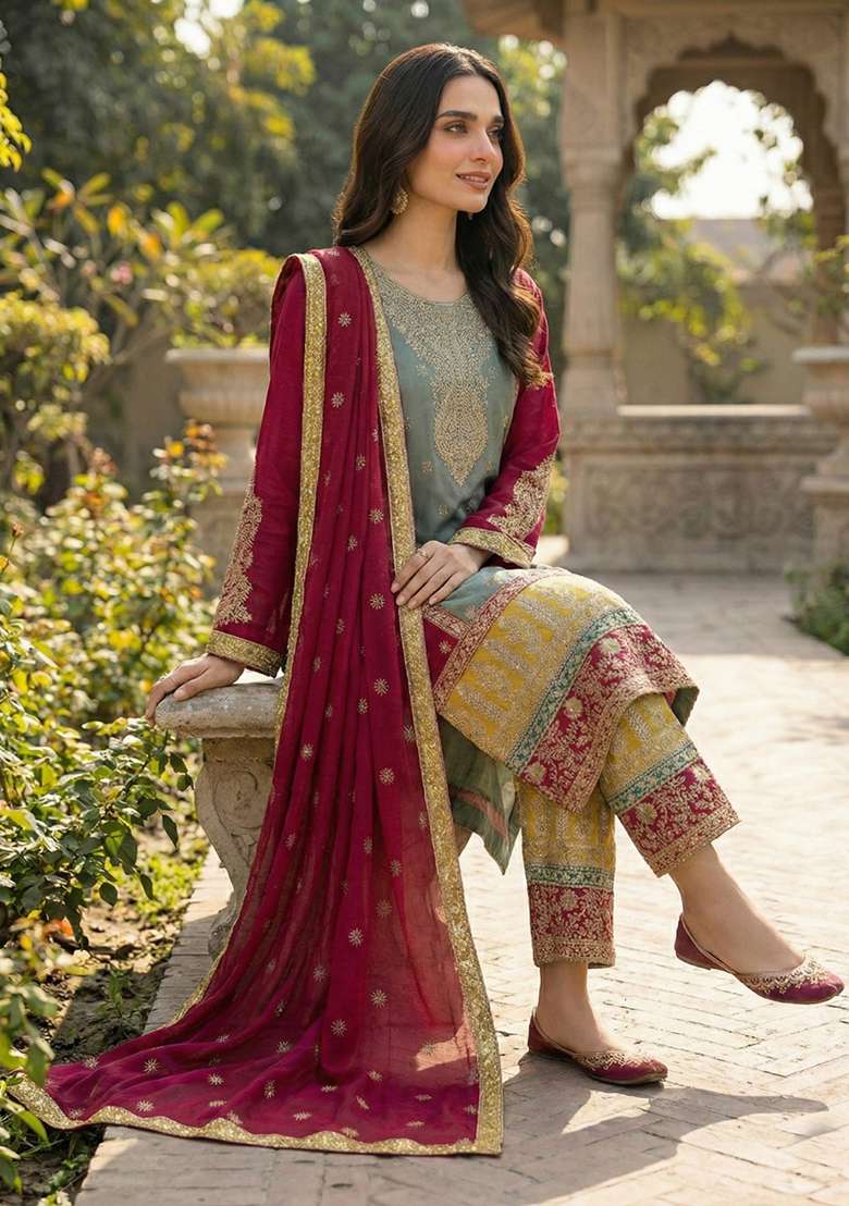 Blue Sequin Work Silk Blend Kurta Set - Indya