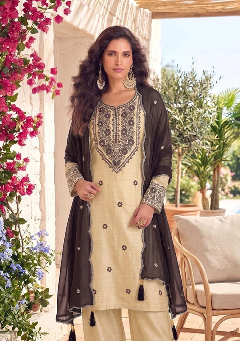 White Patch Work Santoon Kurta Set - Indya