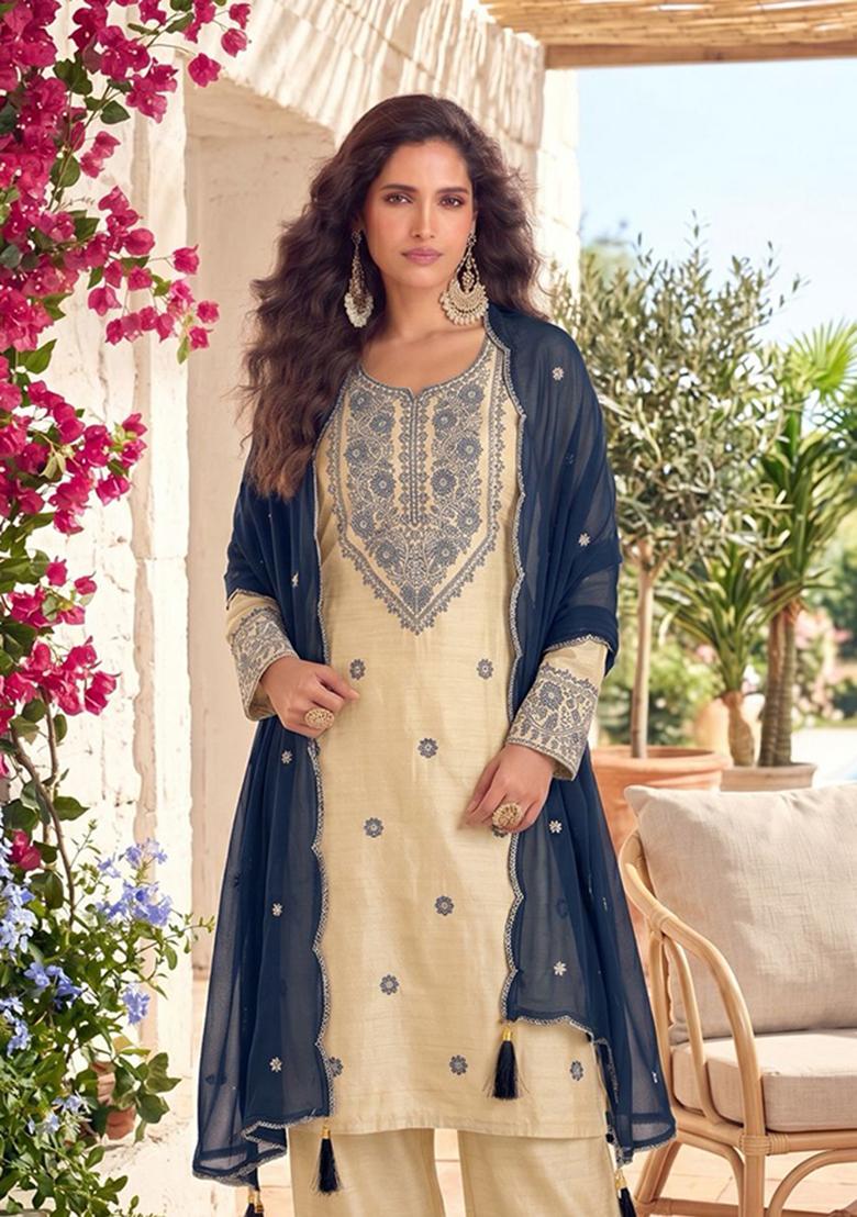 White Patch Work Santoon Kurta Set - Indya