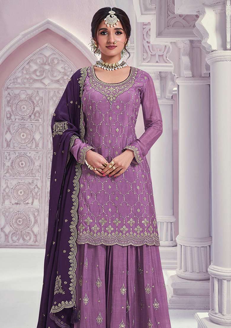 Lavender Sequin Work Silk Kurta Set - Indya