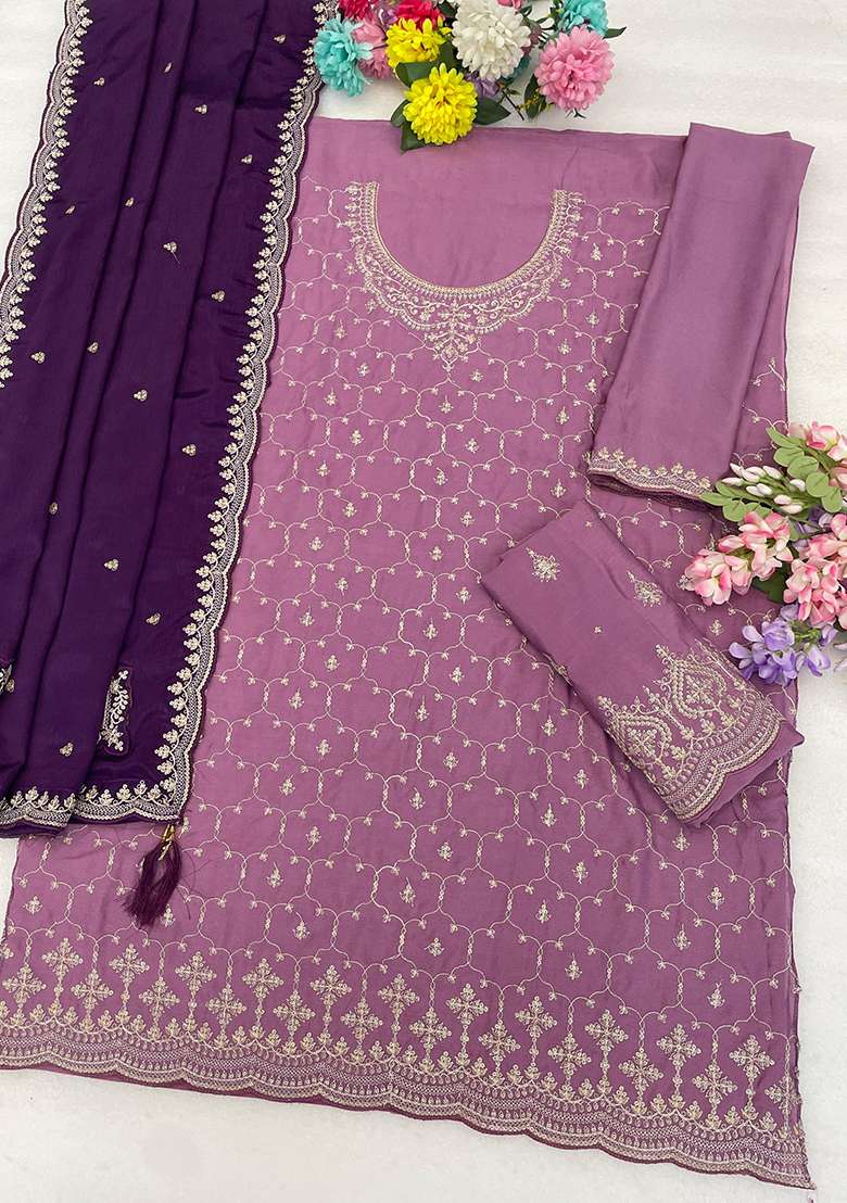 Lavender Sequin Work Silk Kurta Set - Indya