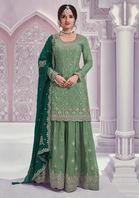 Green Sequin Work Silk Kurta Set