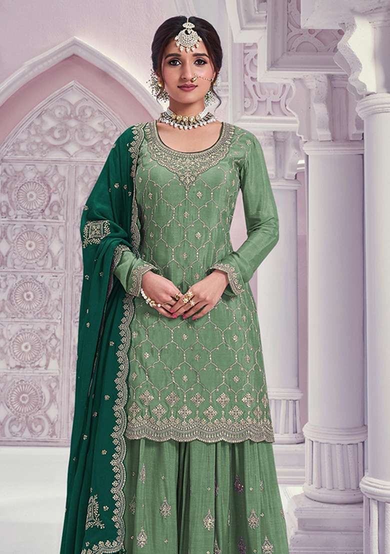 Green Sequin Work Silk Kurta Set - Indya