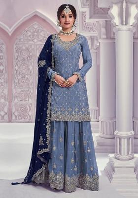 Blue Sequin Work Silk Kurta Set