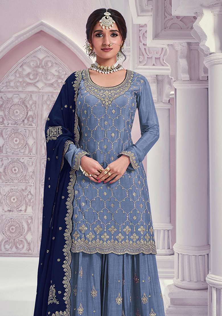Blue Sequin Work Silk Kurta Set - Indya