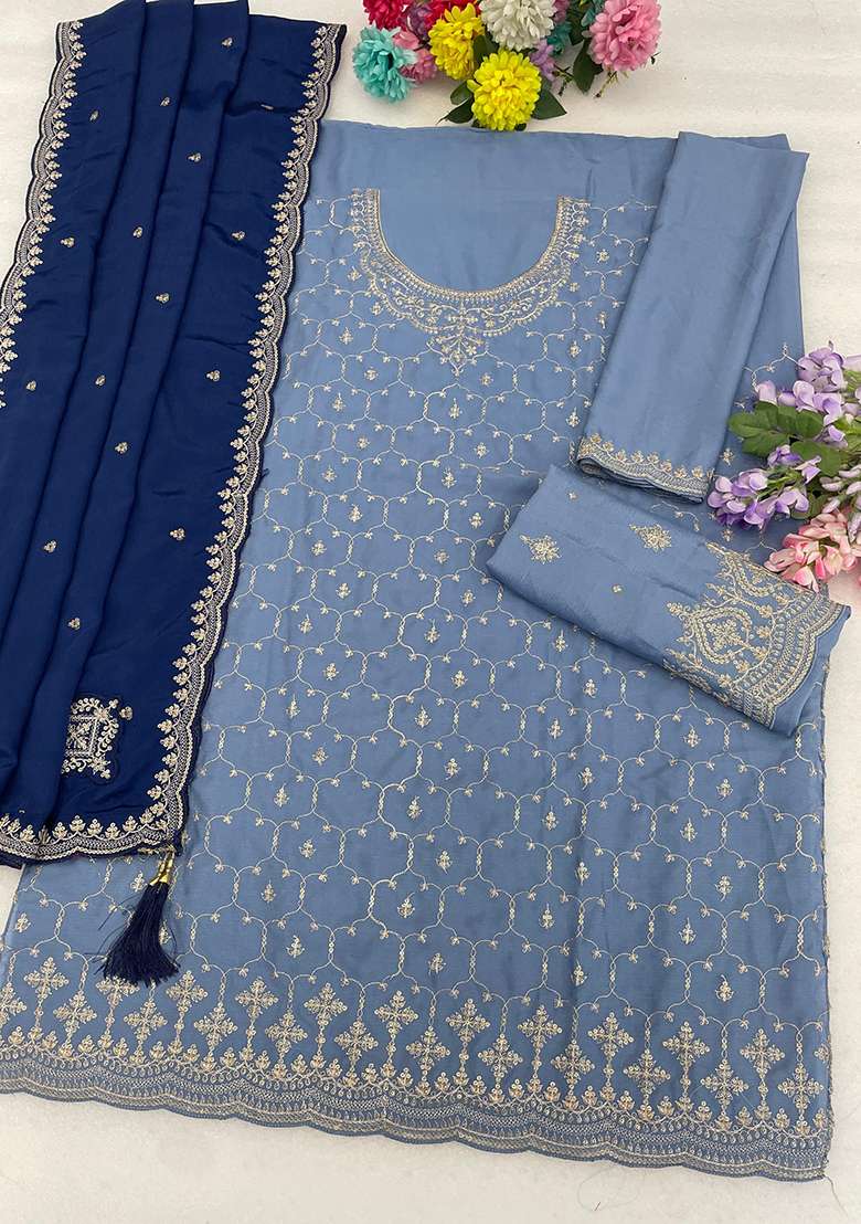 Blue Sequin Work Silk Kurta Set - Indya