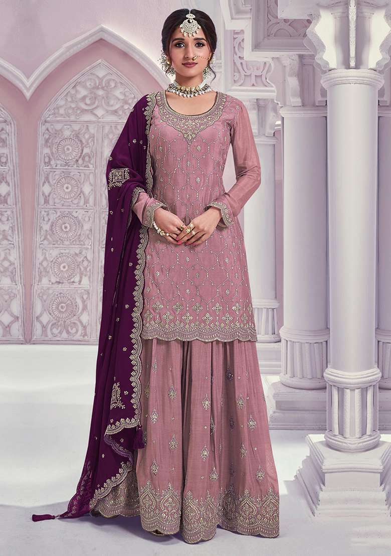 Pink Sequin Work Silk Kurta Set - Indya