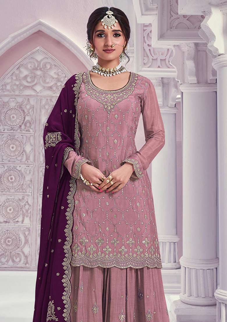 Pink Sequin Work Silk Kurta Set - Indya