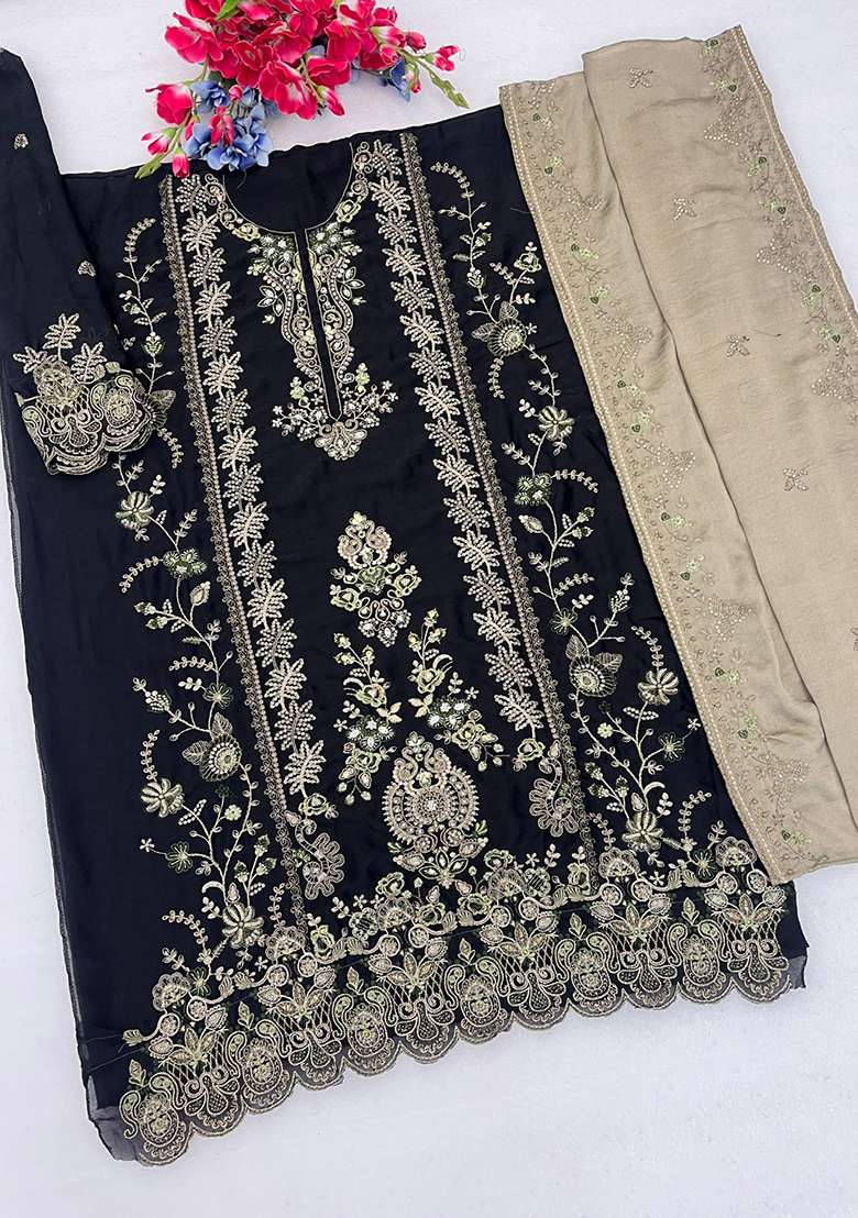 Black Sequin Work Silk Blend Kurta Set - Indya