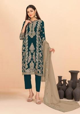 Teal Blue Sequin Work Silk Blend Kurta Set