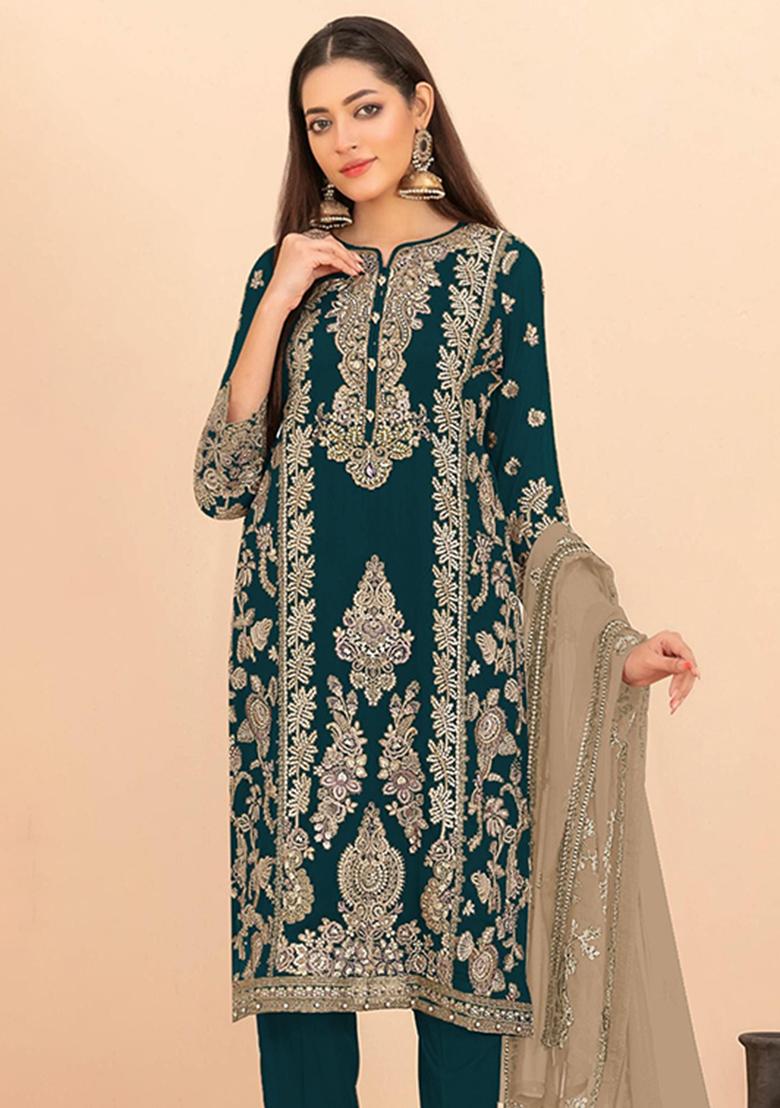 Teal Blue Sequin Work Silk Blend Kurta Set - Indya