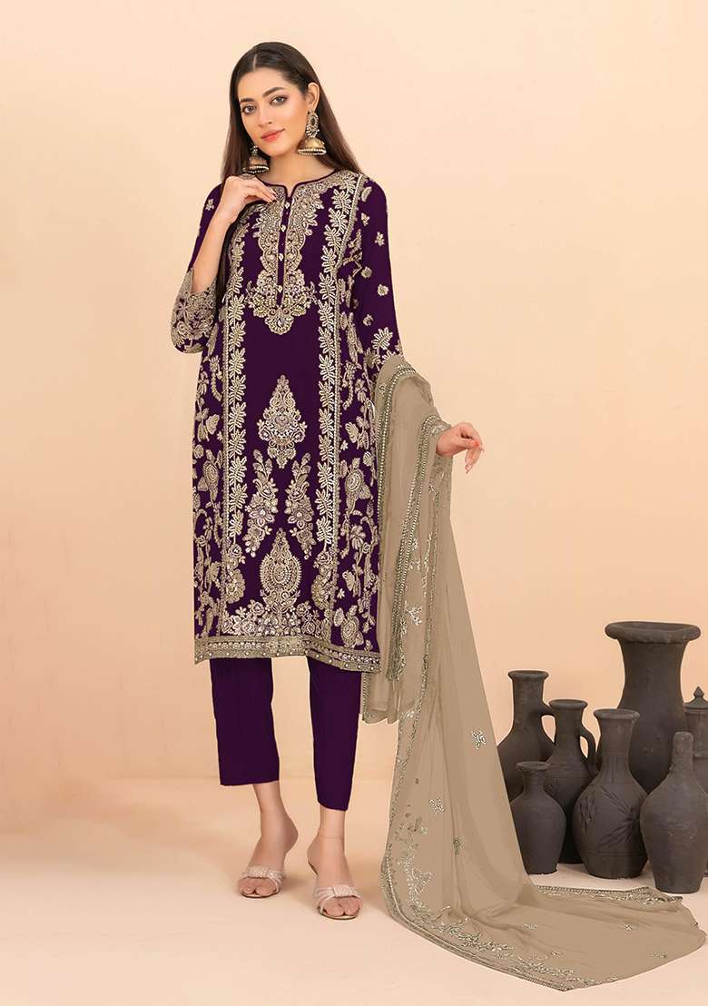 Purple Sequin Work Silk Blend Kurta Set - Indya