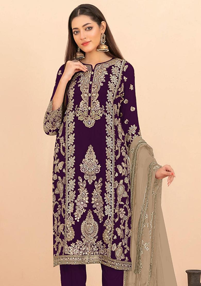 Purple Sequin Work Silk Blend Kurta Set - Indya