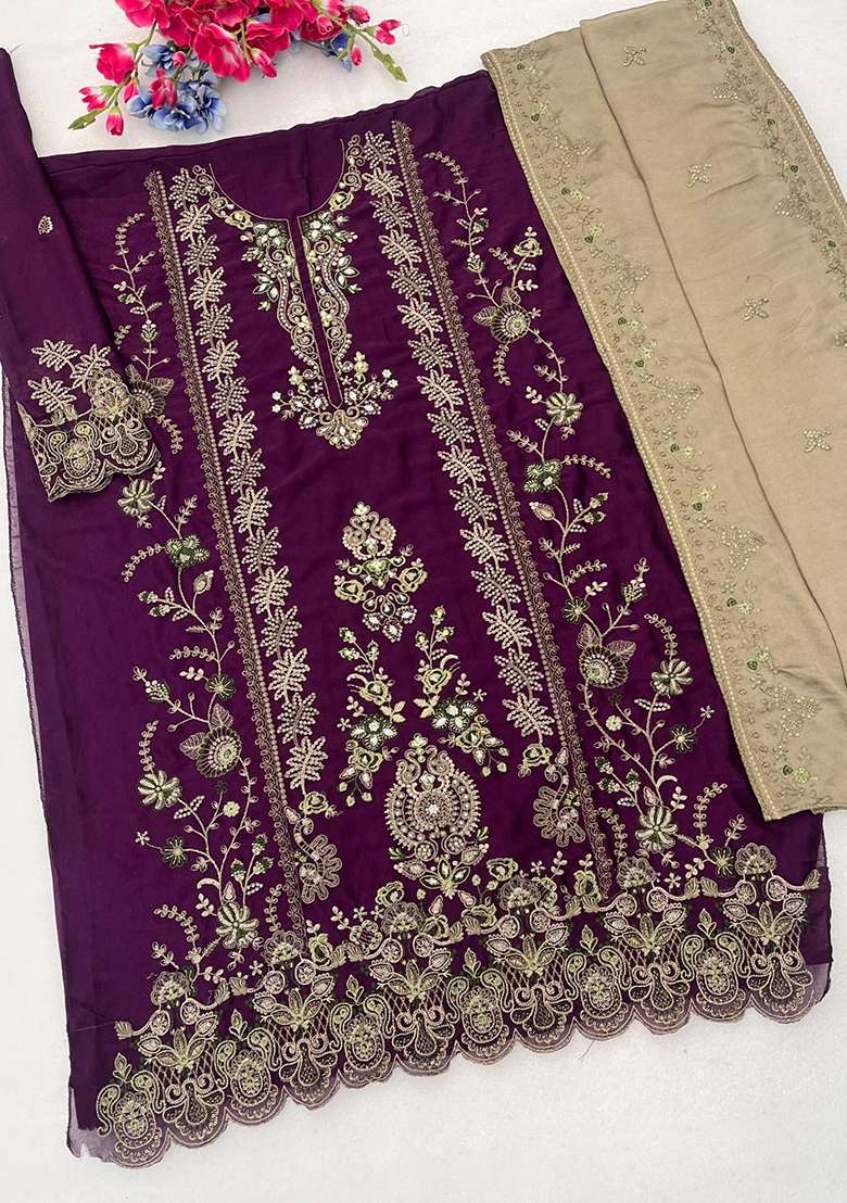 Purple Sequin Work Silk Blend Kurta Set - Indya