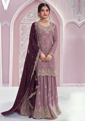 Purple Embroidered Silk Blend Kurta Set
