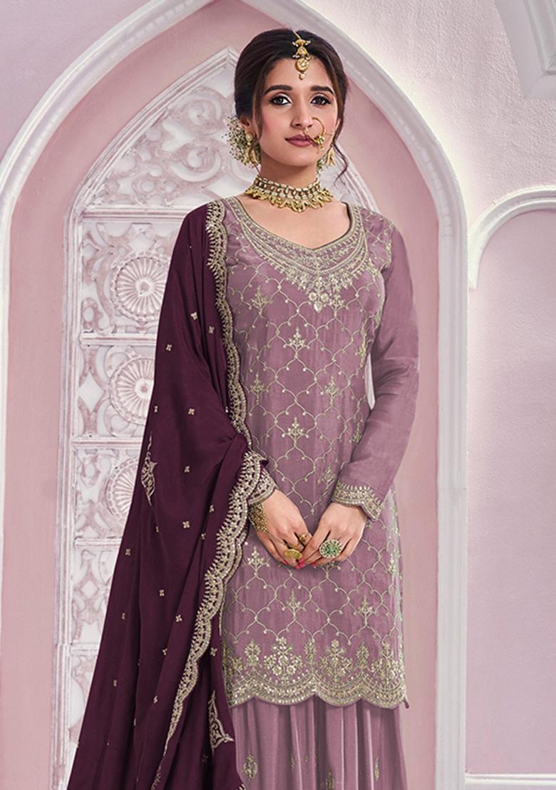 Purple Embroidered Silk Blend Kurta Set - Indya