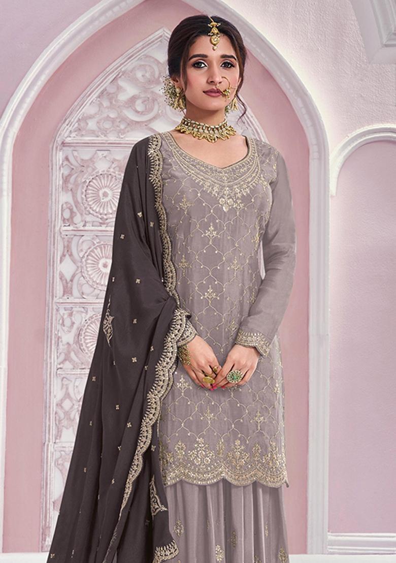 Grey Embroidered Silk Blend Kurta Set - Indya