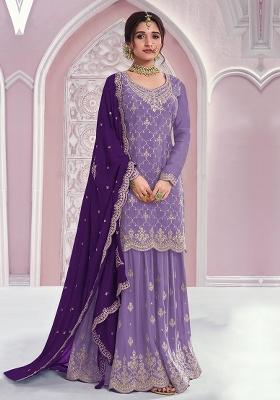 Lavender Embroidered Silk Blend Kurta Set