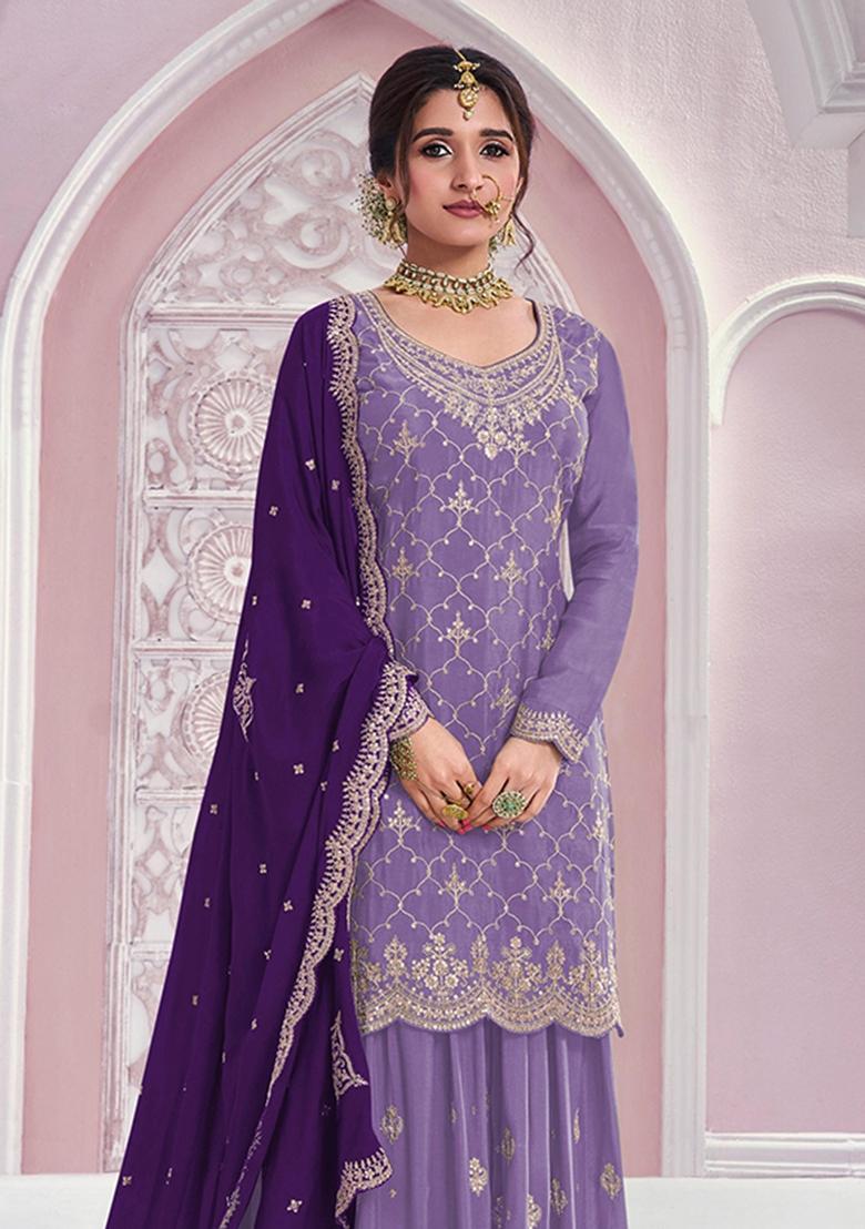 Lavender Embroidered Silk Blend Kurta Set - Indya
