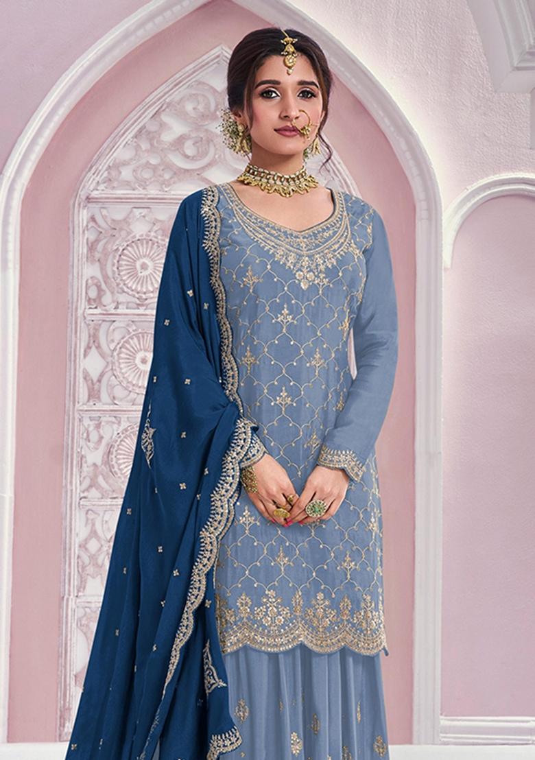 Blue Embroidered Silk Blend Kurta Set - Indya