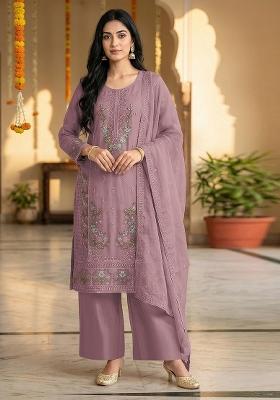 Purple Embroidered Chiffon Kurta Set