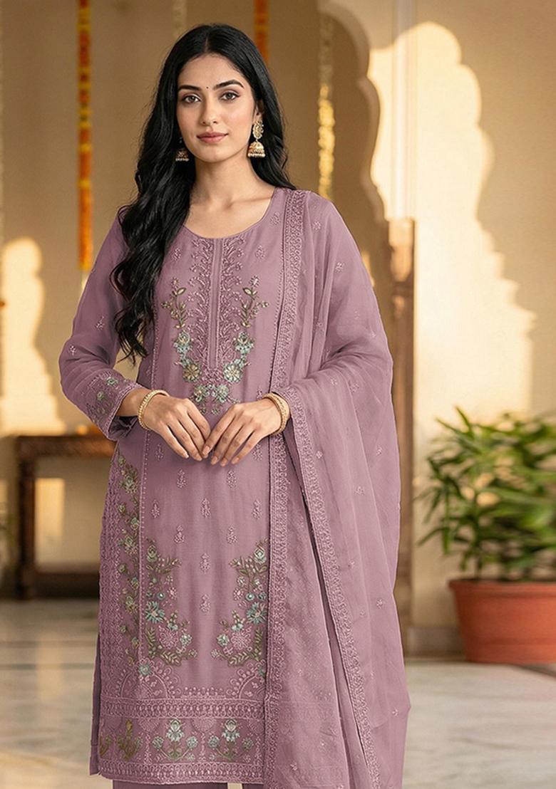 Purple Embroidered Chiffon Kurta Set - Indya