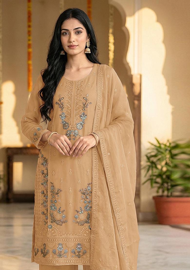Yellow Embroidered Chiffon Kurta Set - Indya