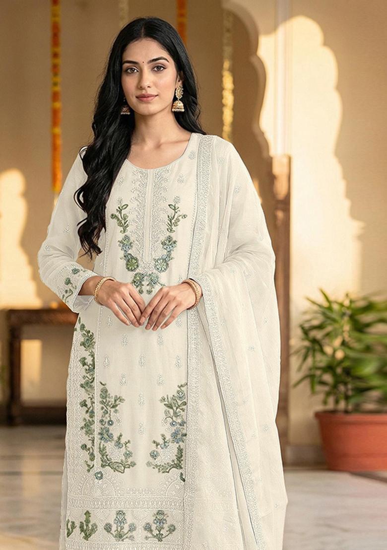 White Embroidered Chiffon Kurta Set - Indya