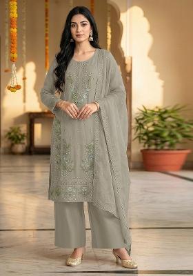 Grey Embroidered Chiffon Kurta Set